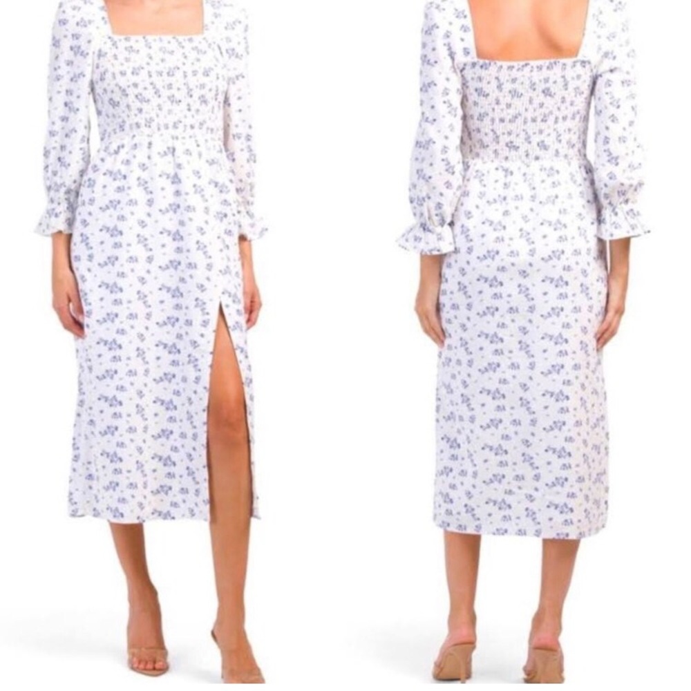 NWT House of Harlow Small White Linen Smocked Dress Floral Cottage Core